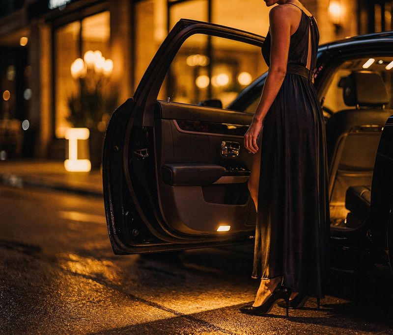 A guest stepping out of a black car outside a restaurant at night