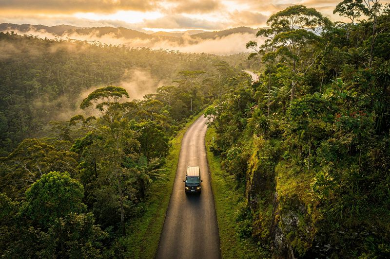 A black van on a winding road through misty rainforest mountains